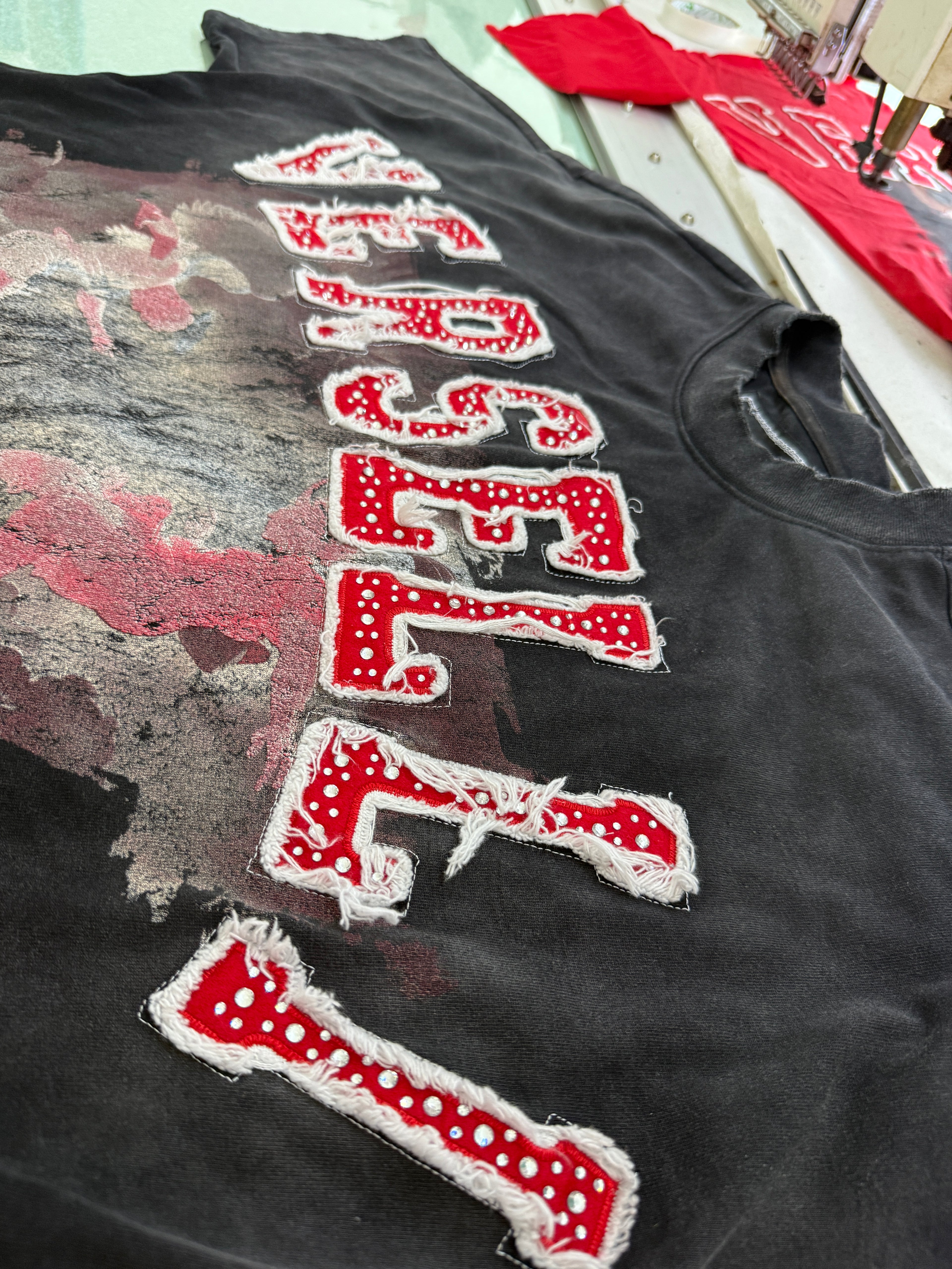 Custom Vintage Washed Rhinestone Applique Graphic T-Shirt